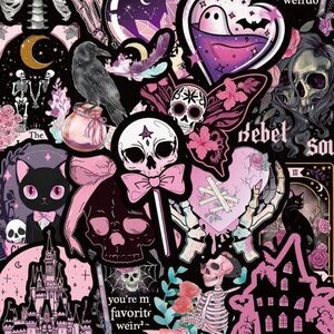 50pcs Black And Pink Goth Style Sticker Set, Creative Minimal Cartoon Skull Deca